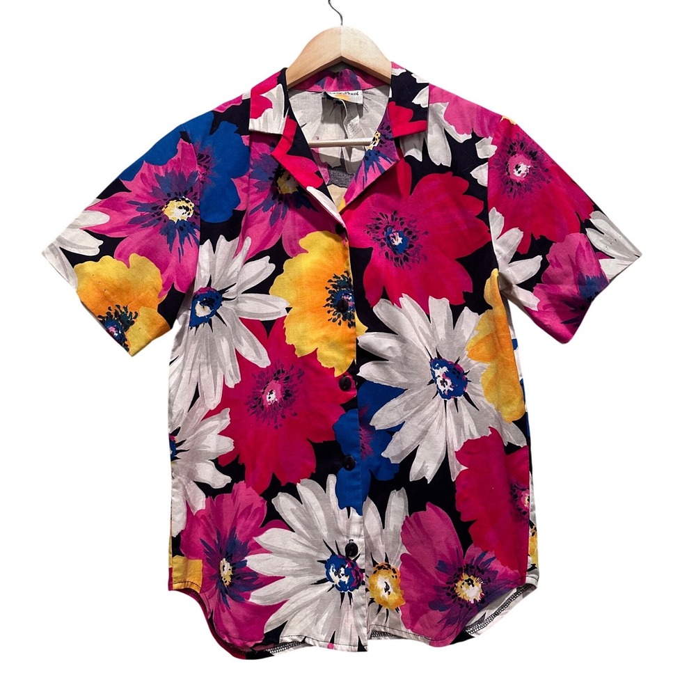 Vintage Sunny South Tropical Floral Button Up Short Sleeve‎ Cotton Shirt Sz 6